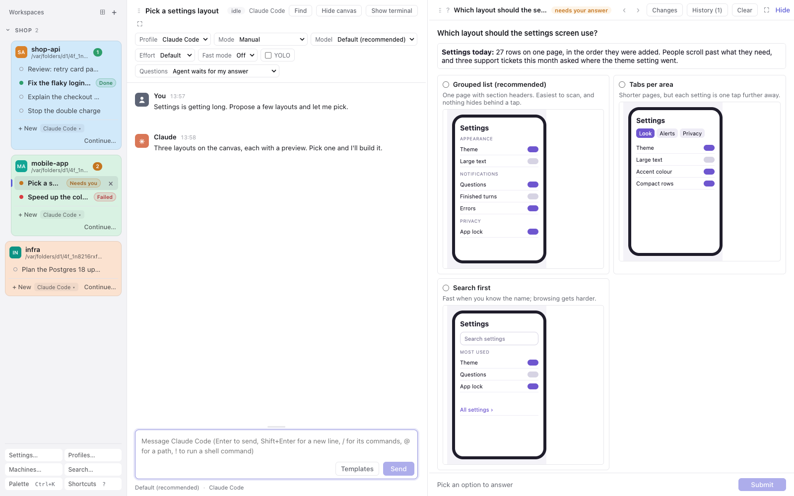 The agent asks which settings layout to build, with a mockup preview for each option