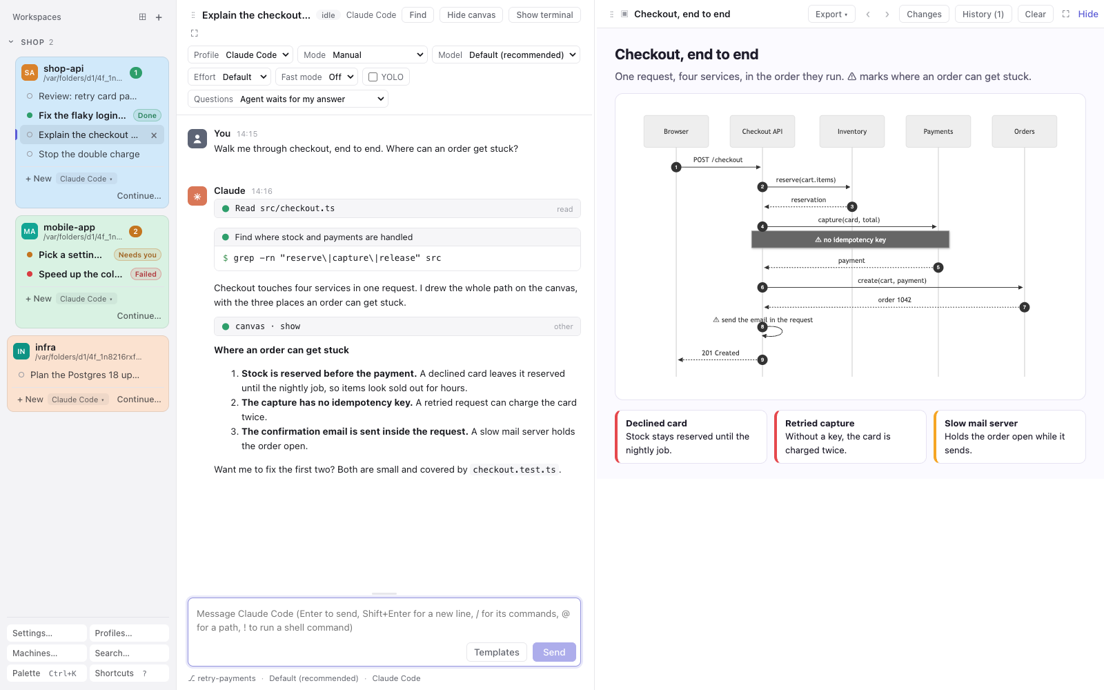 A conversation about a checkout flow, with the agent's sequence diagram on the canvas beside it